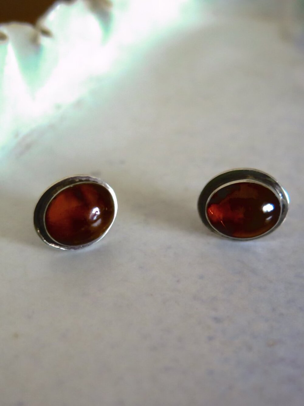 Vintage Amber Cabochon Orange/Cognac Stone with Silver Stud Post Earrings - Picture 13 of 13